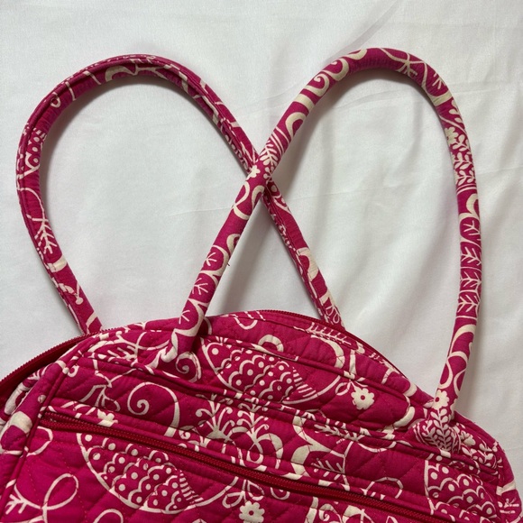 Vera Bradley Shoulder Bag Twirly Bird Pattern Purse Hot Pink White Carry On Bag - Picture 12 of 16